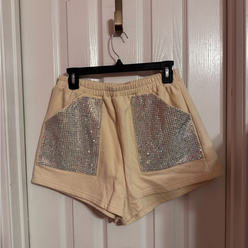 QOS Women's Cream Shorts with Rhinestones